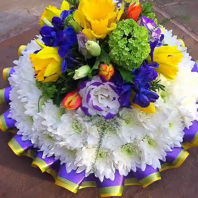 Yellow and purple posy tribute by The Flower Shaq